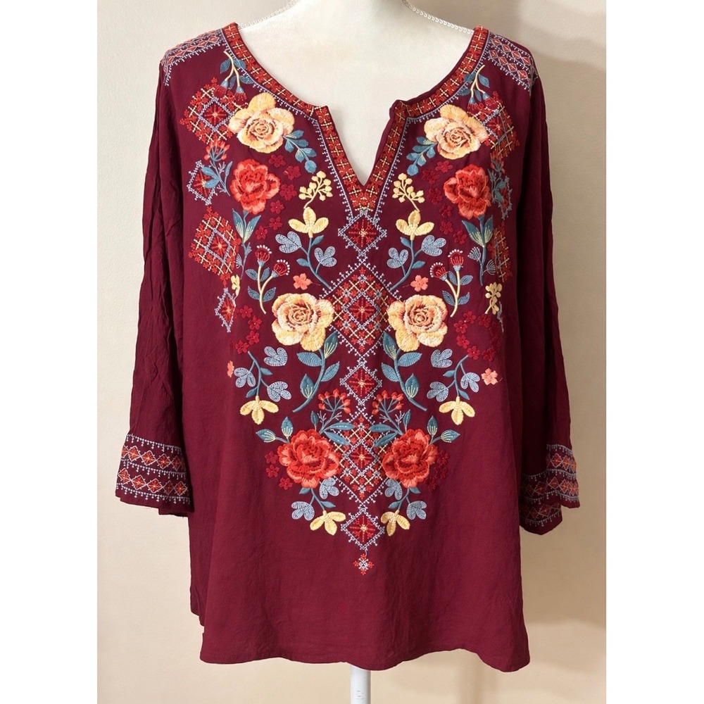 Boho Embroidered Burgundy Plus 2X Savanna Jane Blouse Rayon Folk Peasant